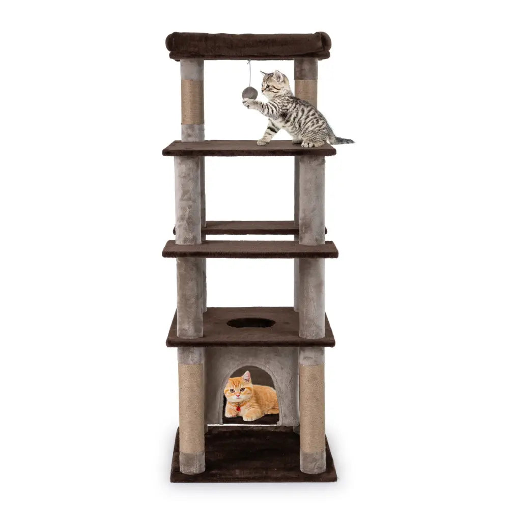 58 Inch Large Multi-level Cat Tree with Swaying Aerial Condo and Plush Perch Bed-Brown - Brown - Cat Trees Condos &