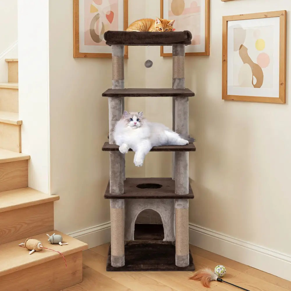 58 Inch Large Multi-level Cat Tree with Swaying Aerial Condo and Plush Perch Bed-Brown - Brown - Cat Trees Condos &