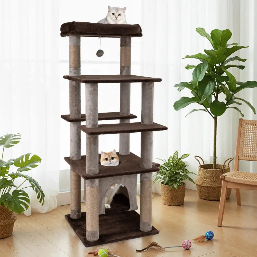 58 Inch Large Multi-level Cat Tree with Swaying Aerial Condo and Plush Perch Bed-Brown - Brown - Cat Trees Condos &