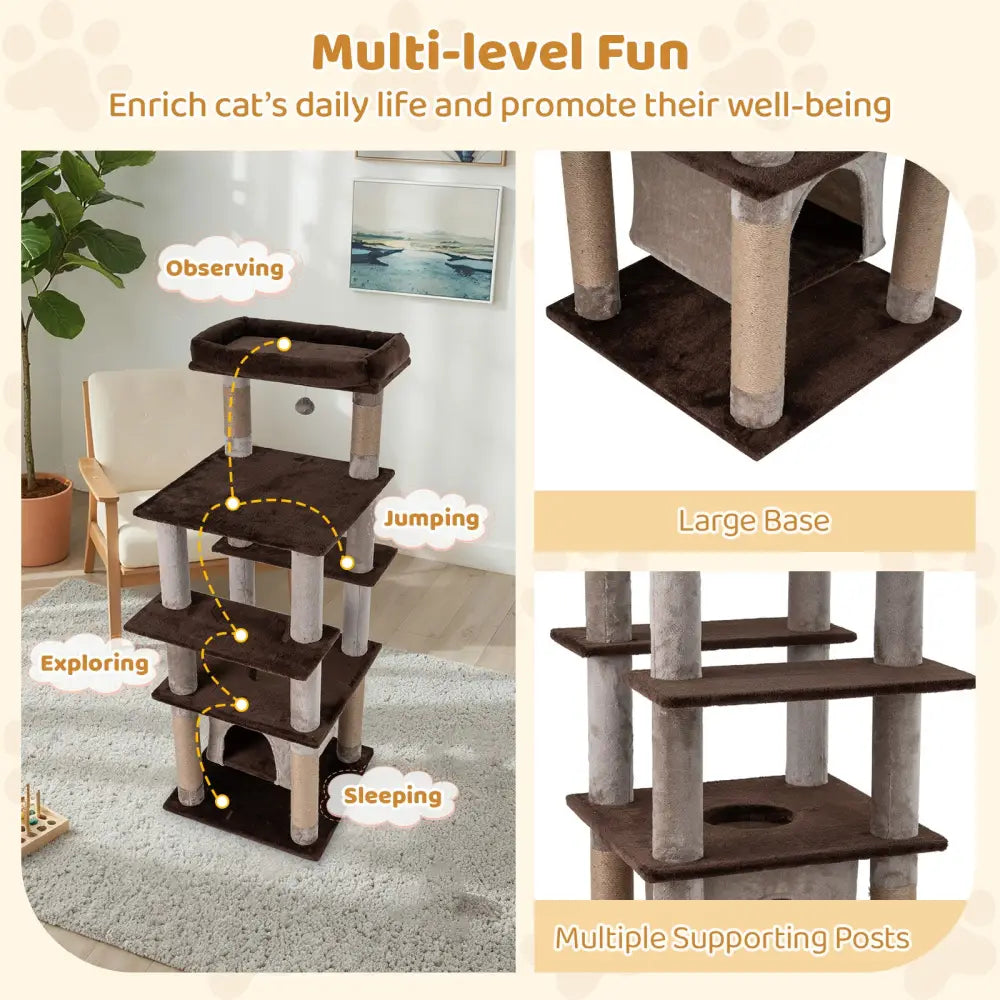 58 Inch Large Multi-level Cat Tree with Swaying Aerial Condo and Plush Perch Bed-Brown - Brown - Cat Trees Condos &