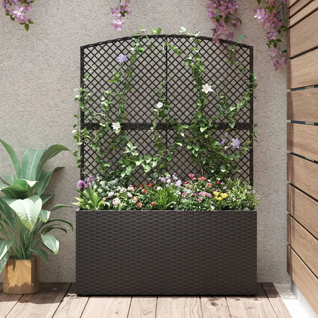 58 Inch Raised Garden Bed with Trellis and Wicker Planter Box-Black - Black - Raised Garden Beds
