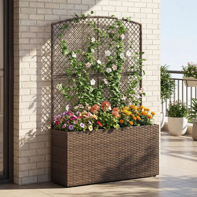 58 Inch Raised Garden Bed with Trellis and Wicker Planter Box-Brown - Brown - Raised Garden Beds