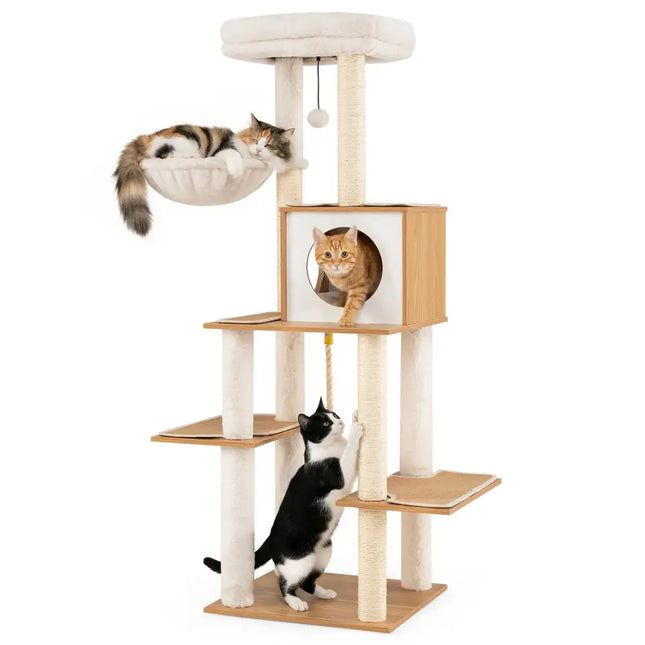 58 Inch Tall Modern Cat Tree with Sisal Scratching Posts-Natural - Natural - Cat Trees Condos & Scratchers