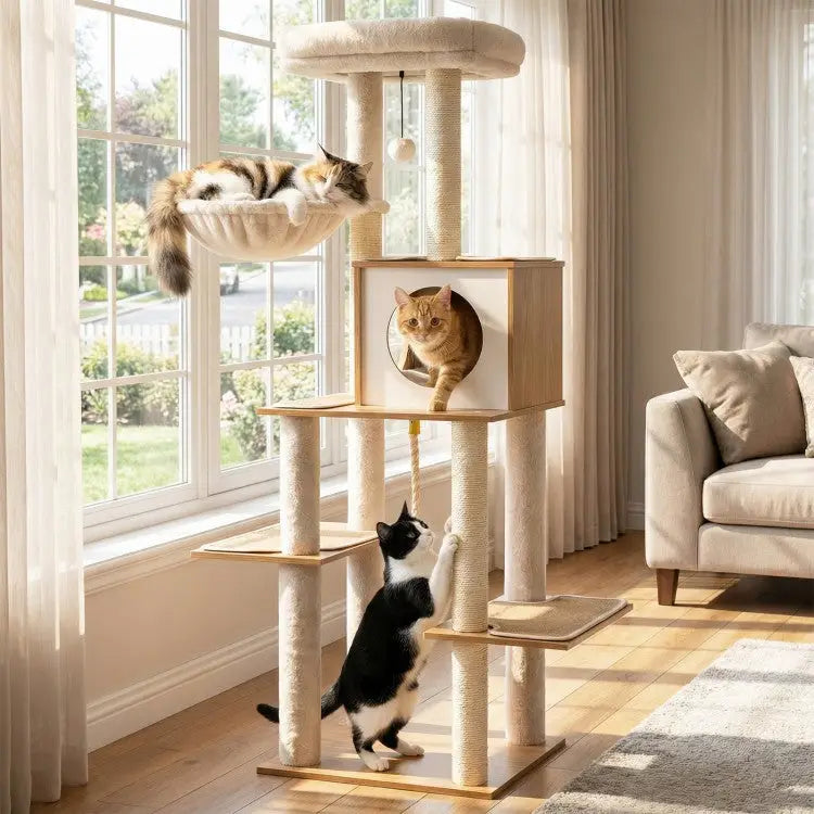 58 Inch Tall Modern Cat Tree with Sisal Scratching Posts-Natural - Natural - Cat Trees Condos & Scratchers