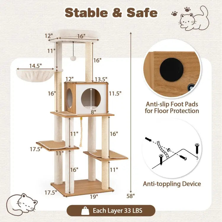 58 Inch Tall Modern Cat Tree with Sisal Scratching Posts-Natural - Natural - Cat Trees Condos & Scratchers
