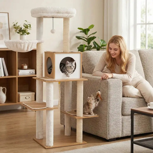 58 Inch Tall Modern Cat Tree with Sisal Scratching Posts-Natural - Natural - Cat Trees Condos & Scratchers