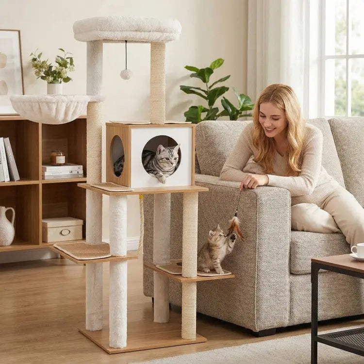 58 Inch Tall Modern Cat Tree with Sisal Scratching Posts-Natural - Natural - Cat Trees Condos & Scratchers