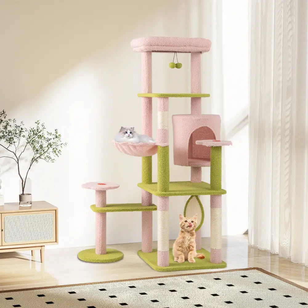 58 Inch Tall Multi-Level Cat Tree Aesthetic Floral Kitten Tower-Pink - Pink - Cat Trees Condos & Scratchers