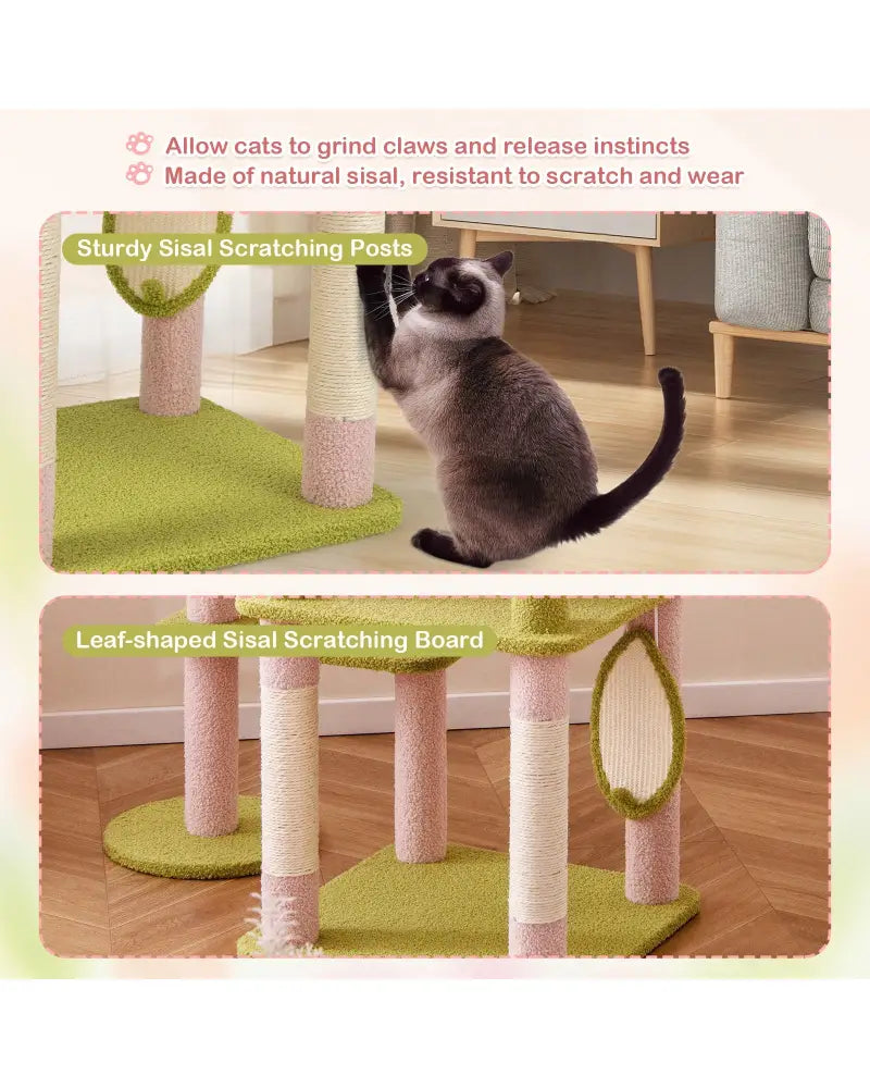 58 Inch Tall Multi-Level Cat Tree Aesthetic Floral Kitten Tower-Pink - Pink - Cat Trees Condos & Scratchers