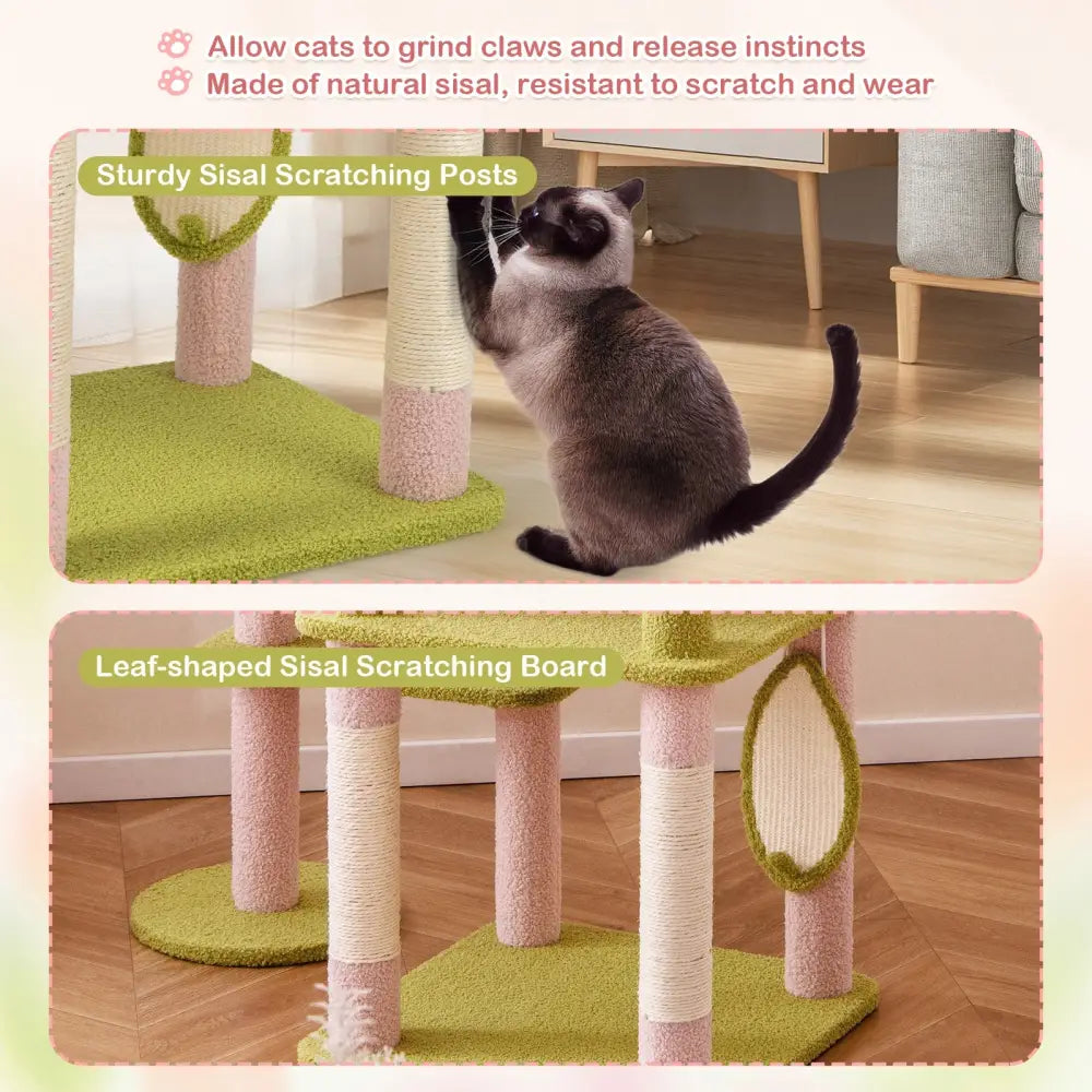 58 Inch Tall Multi-Level Cat Tree Aesthetic Floral Kitten Tower-Pink - Pink - Cat Trees Condos & Scratchers