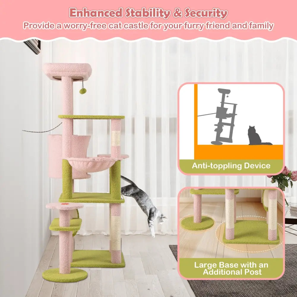 58 Inch Tall Multi-Level Cat Tree Aesthetic Floral Kitten Tower-Pink - Pink - Cat Trees Condos & Scratchers