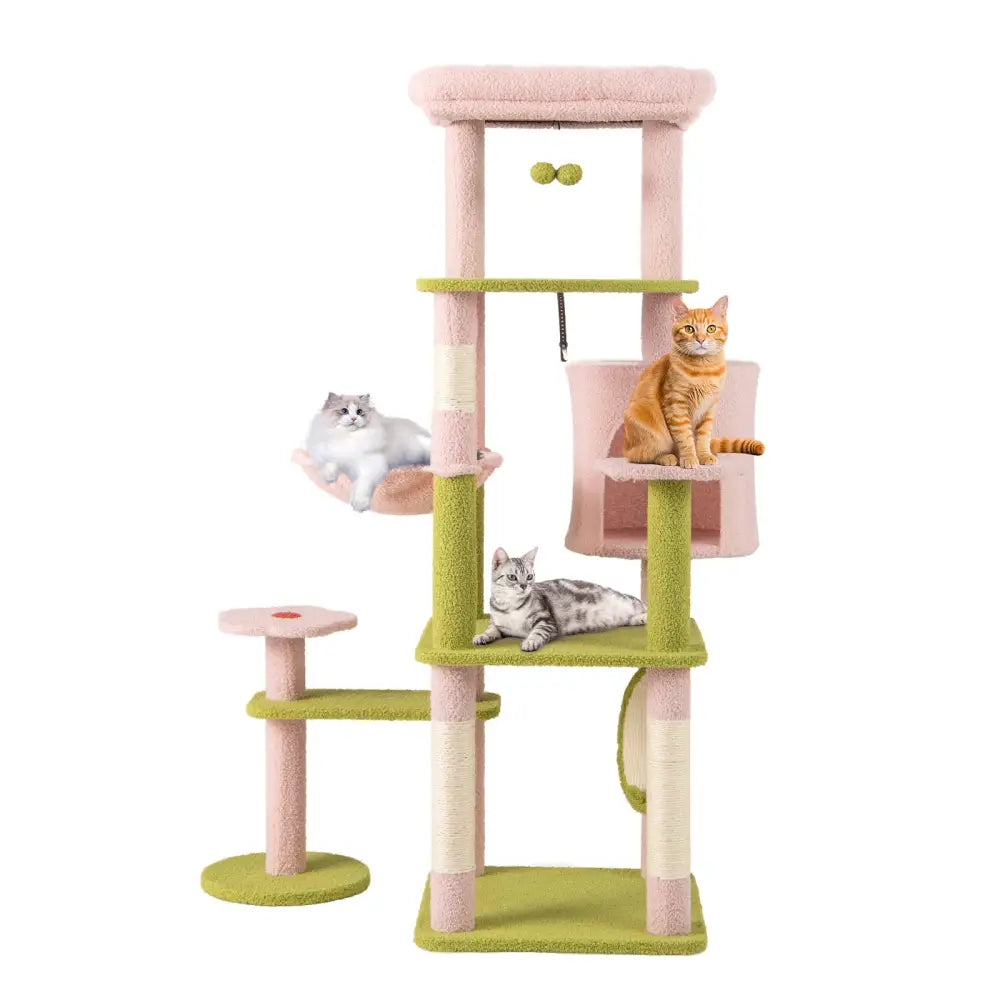 58 Inch Tall Multi-Level Cat Tree Aesthetic Floral Kitten Tower-Pink - Pink - Cat Trees Condos & Scratchers