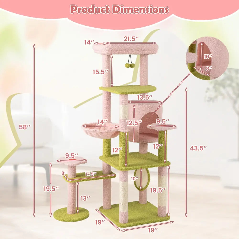 58 Inch Tall Multi-Level Cat Tree Aesthetic Floral Kitten Tower-Pink - Pink - Cat Trees Condos & Scratchers