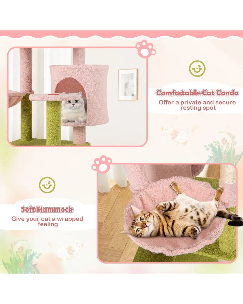 58 Inch Tall Multi-Level Cat Tree Aesthetic Floral Kitten Tower-Pink - Pink - Cat Trees Condos & Scratchers