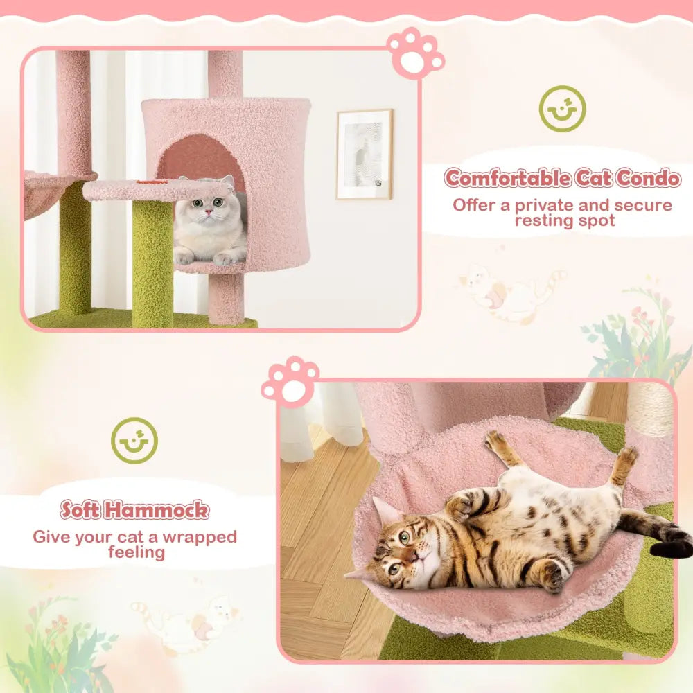 58 Inch Tall Multi-Level Cat Tree Aesthetic Floral Kitten Tower-Pink - Pink - Cat Trees Condos & Scratchers
