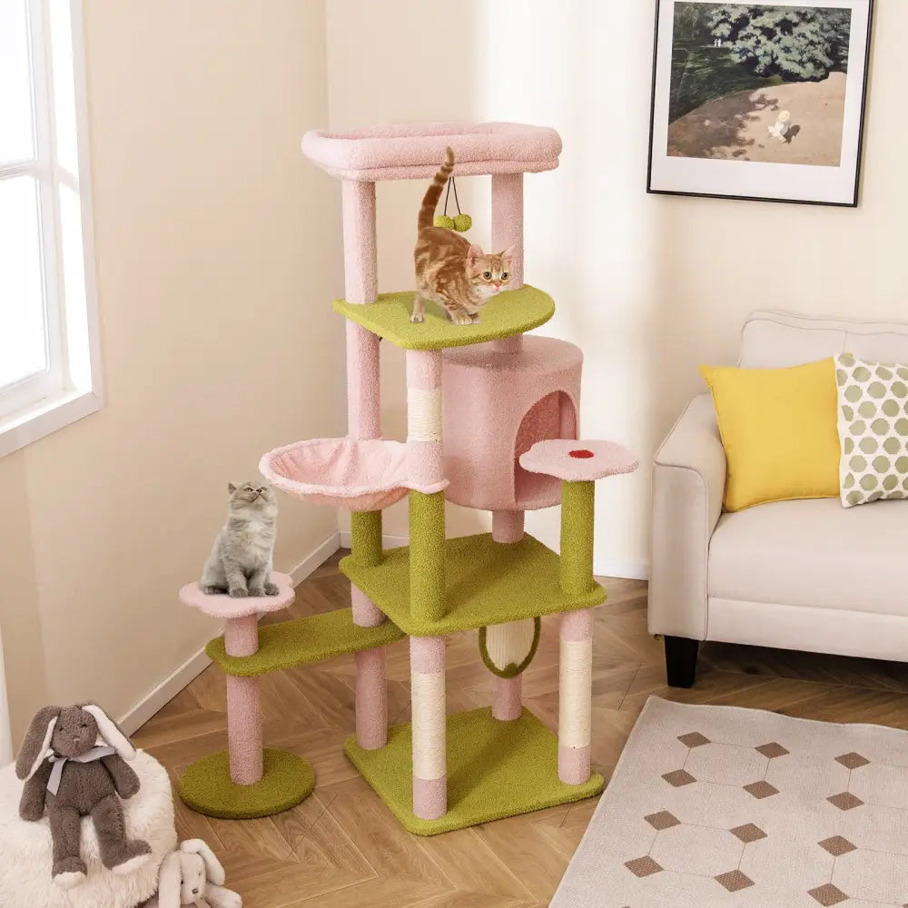 58 Inch Tall Multi-Level Cat Tree Aesthetic Floral Kitten Tower-Pink - Pink - Cat Trees Condos & Scratchers
