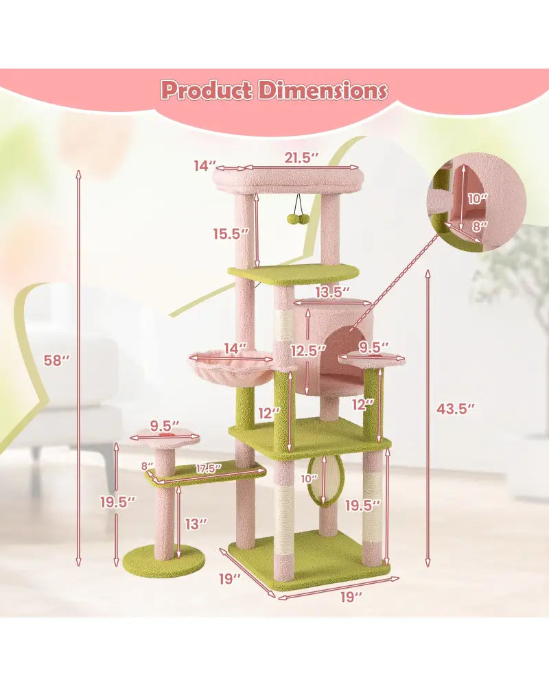58 Inch Tall Multi-Level Cat Tree Aesthetic Floral Kitten Tower-Pink - Pink - Cat Trees Condos & Scratchers