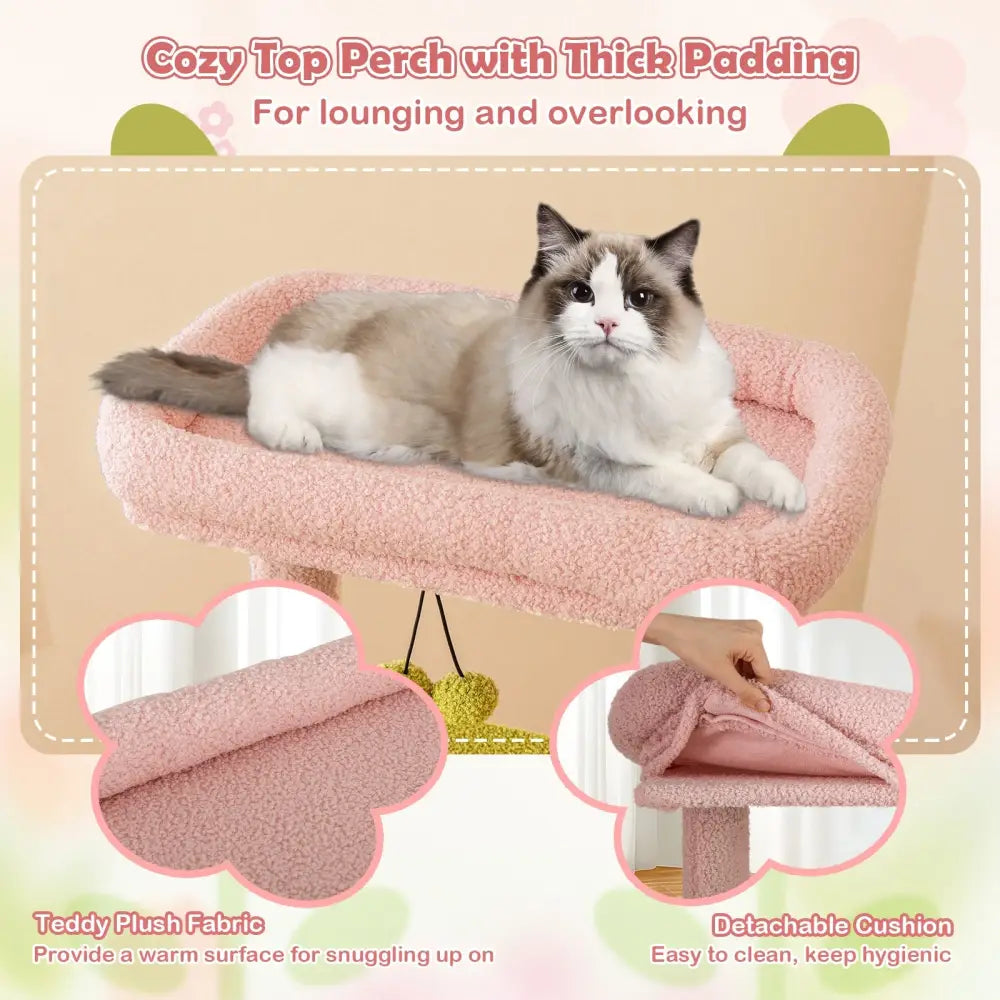 58 Inch Tall Multi-Level Cat Tree Aesthetic Floral Kitten Tower-Pink - Pink - Cat Trees Condos & Scratchers