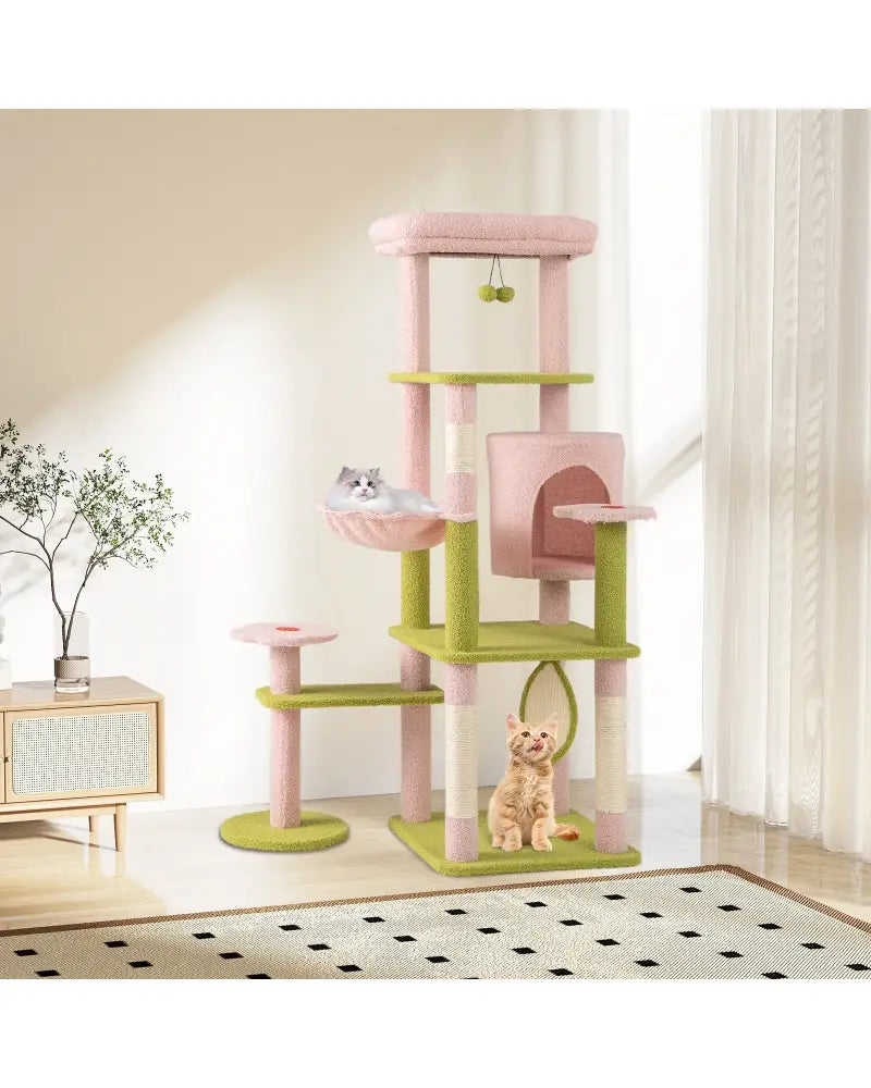 58 Inch Tall Multi-Level Cat Tree Aesthetic Floral Kitten Tower-Pink - Pink - Cat Trees Condos & Scratchers