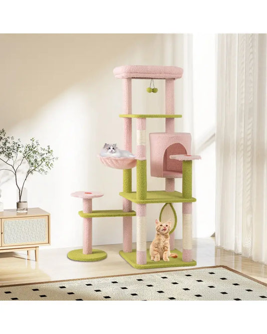 58 Inch Tall Multi-Level Cat Tree Aesthetic Floral Kitten Tower-Pink - Pink - Cat Trees Condos & Scratchers