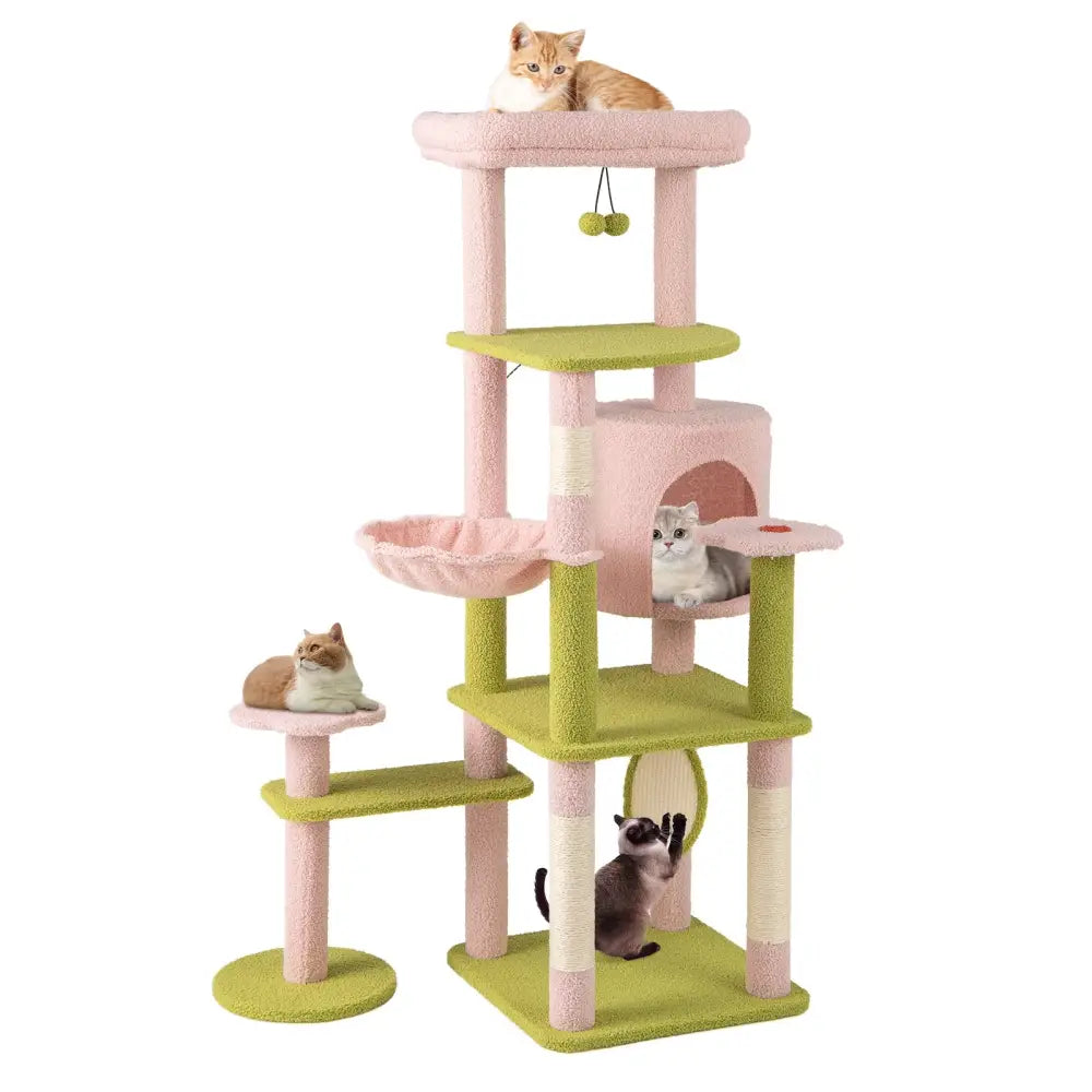 58 Inch Tall Multi-Level Cat Tree Aesthetic Floral Kitten Tower-Pink - Pink - Cat Trees Condos & Scratchers