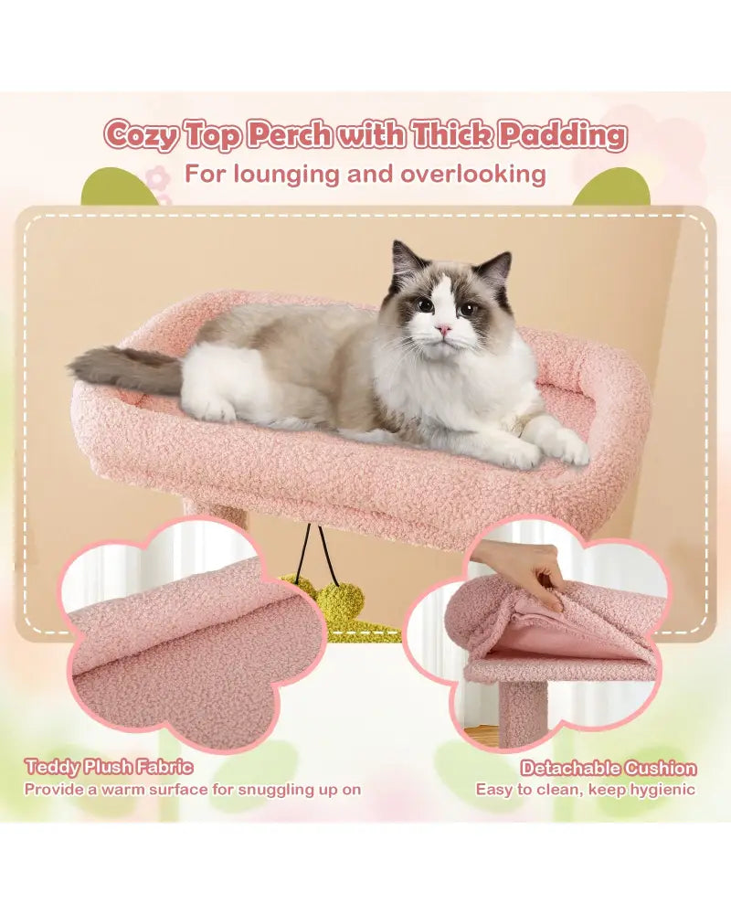 58 Inch Tall Multi-Level Cat Tree Aesthetic Floral Kitten Tower-Pink - Pink - Cat Trees Condos & Scratchers