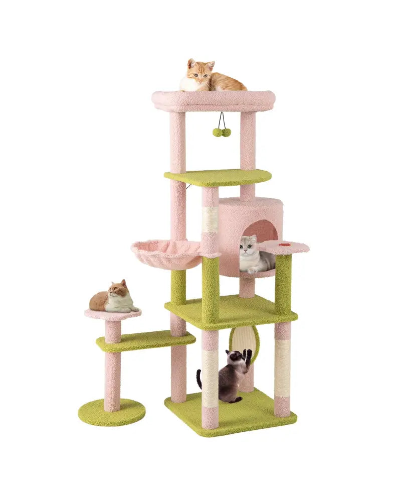 58 Inch Tall Multi-Level Cat Tree Aesthetic Floral Kitten Tower-Pink - Pink - Cat Trees Condos & Scratchers
