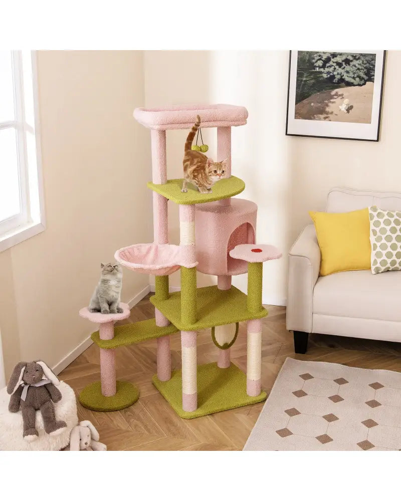 58 Inch Tall Multi-Level Cat Tree Aesthetic Floral Kitten Tower-Pink - Pink - Cat Trees Condos & Scratchers