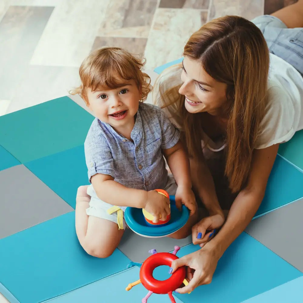 58 Inch Toddler Foam Play Mat Baby Folding Activity Floor Mat-Light Blue - Light Blue - Baby Gyms & Playmats