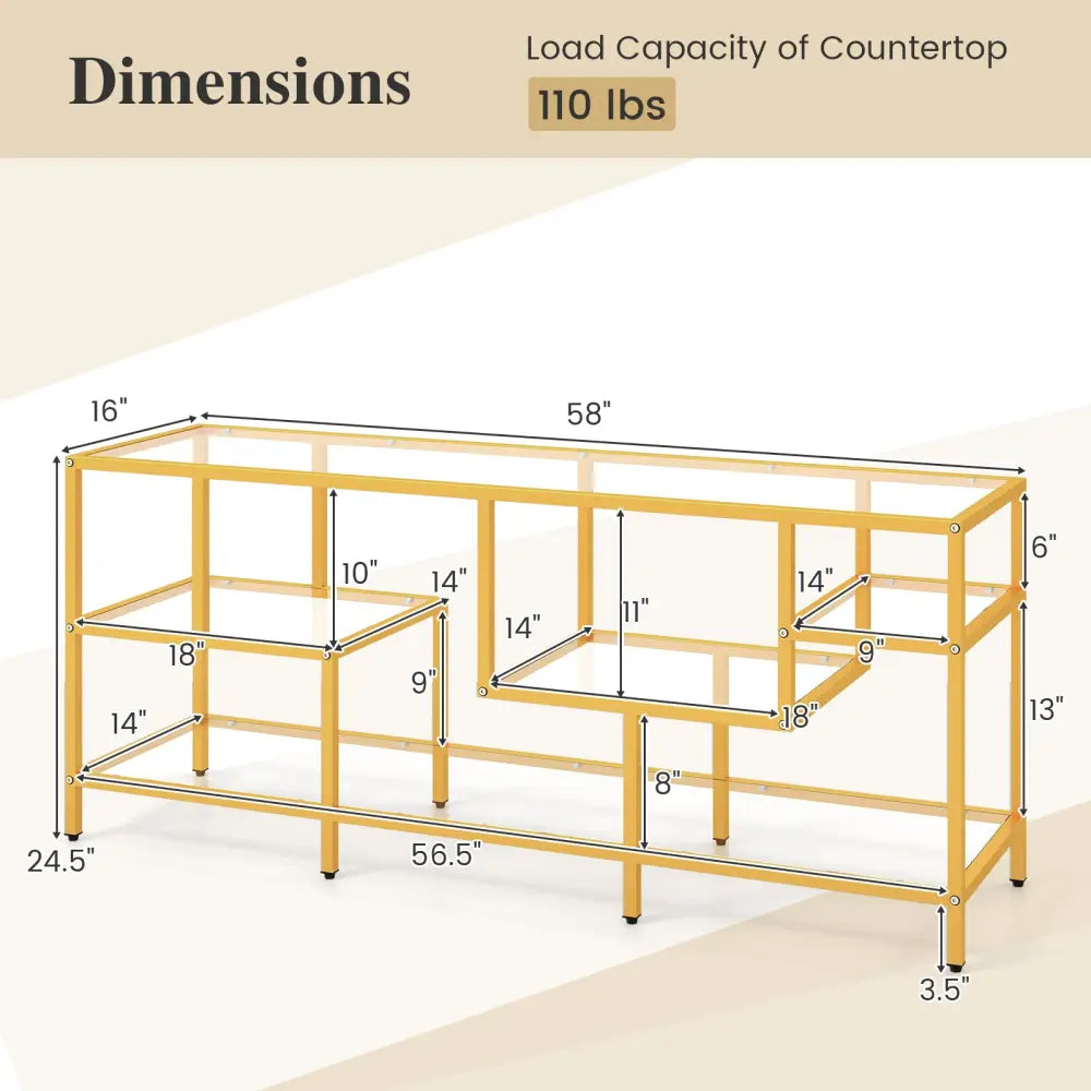 58 Inch TV Console Table with Tempered Glass Shelves for Living Room-Gold - Golden - Entertainment Centers & TV Stands