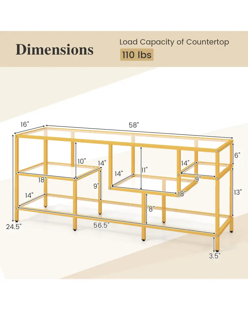 58 Inch TV Console Table with Tempered Glass Shelves for Living Room-Gold - Golden - Entertainment Centers & TV Stands