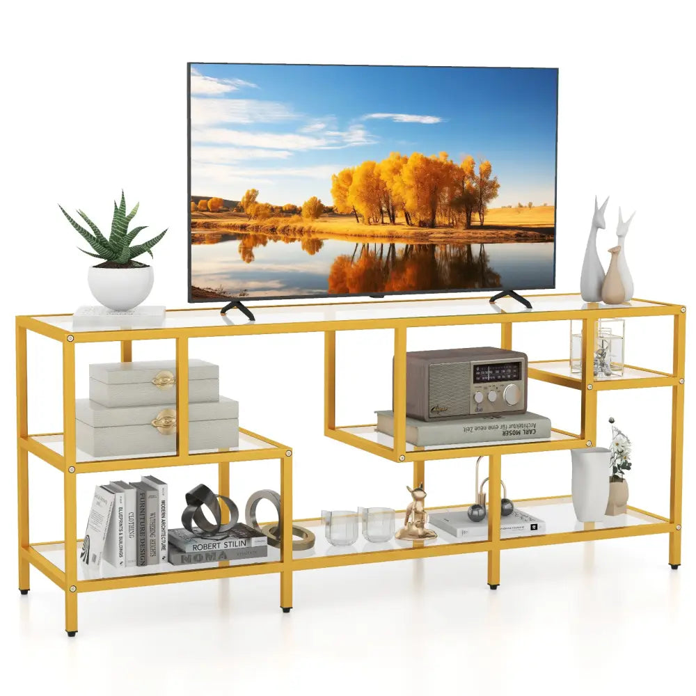 58 Inch TV Console Table with Tempered Glass Shelves for Living Room-Gold - Golden - Entertainment Centers & TV Stands