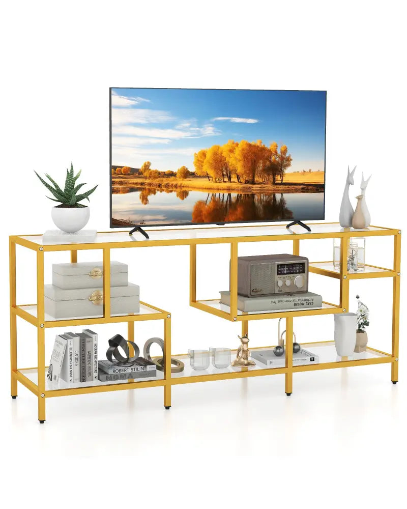 58 Inch TV Console Table with Tempered Glass Shelves for Living Room-Gold - Golden - Entertainment Centers & TV Stands