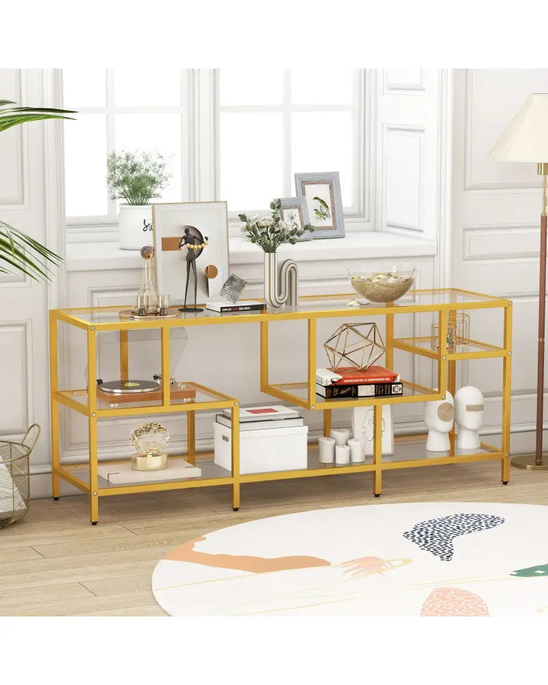 58 Inch TV Console Table with Tempered Glass Shelves for Living Room-Gold - Golden - Entertainment Centers & TV Stands