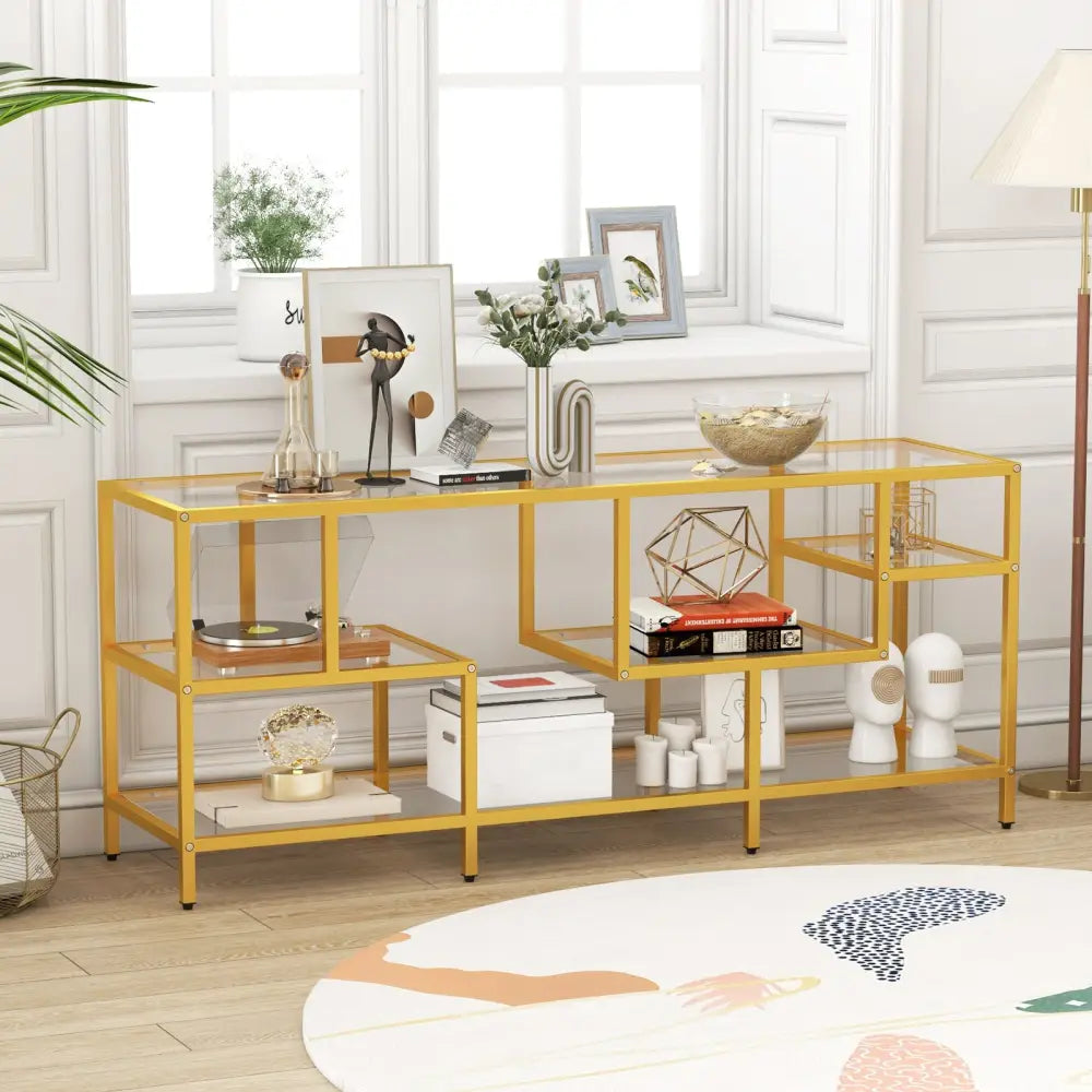 58 Inch TV Console Table with Tempered Glass Shelves for Living Room-Gold - Golden - Entertainment Centers & TV Stands