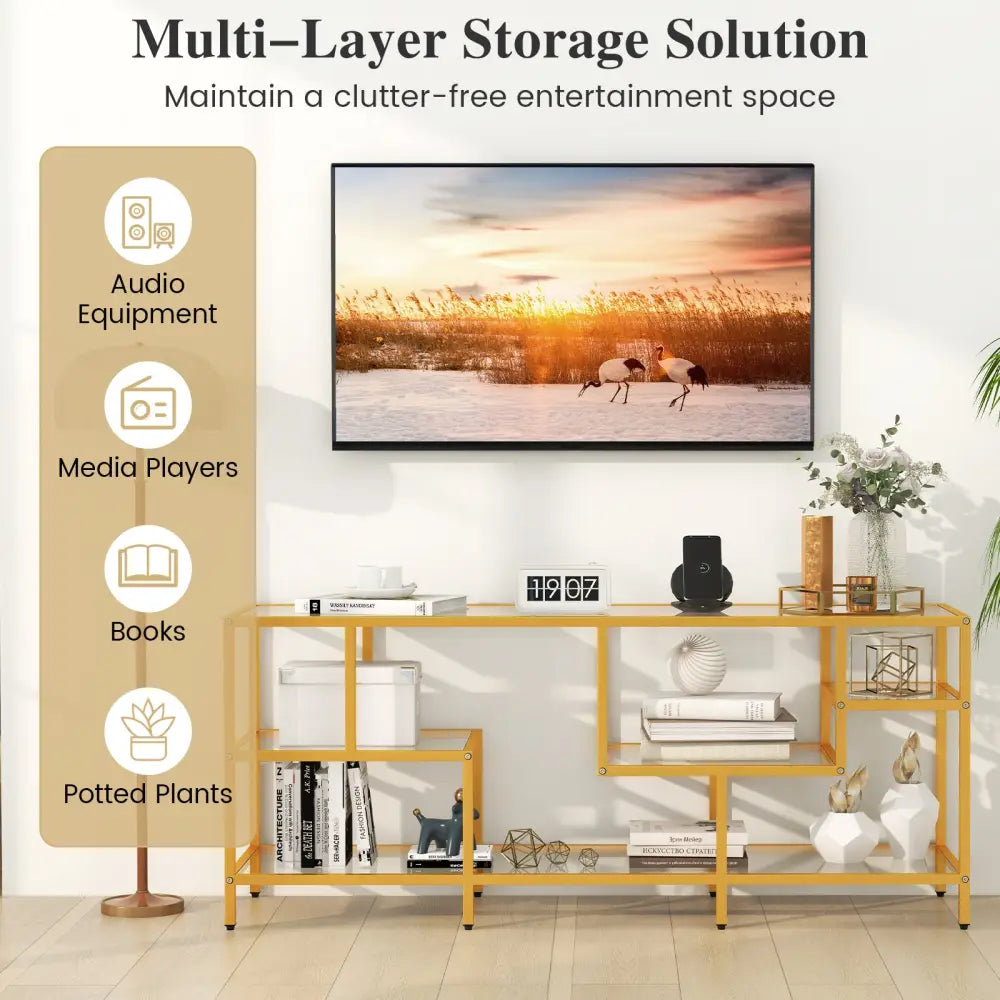 58 Inch TV Console Table with Tempered Glass Shelves for Living Room-Gold - Golden - Entertainment Centers & TV Stands