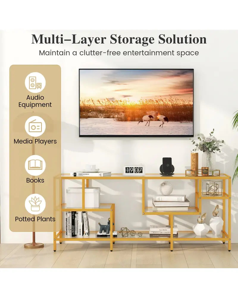 58 Inch TV Console Table with Tempered Glass Shelves for Living Room-Gold - Golden - Entertainment Centers & TV Stands