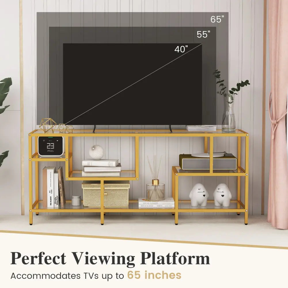 58 Inch TV Console Table with Tempered Glass Shelves for Living Room-Gold - Golden - Entertainment Centers & TV Stands