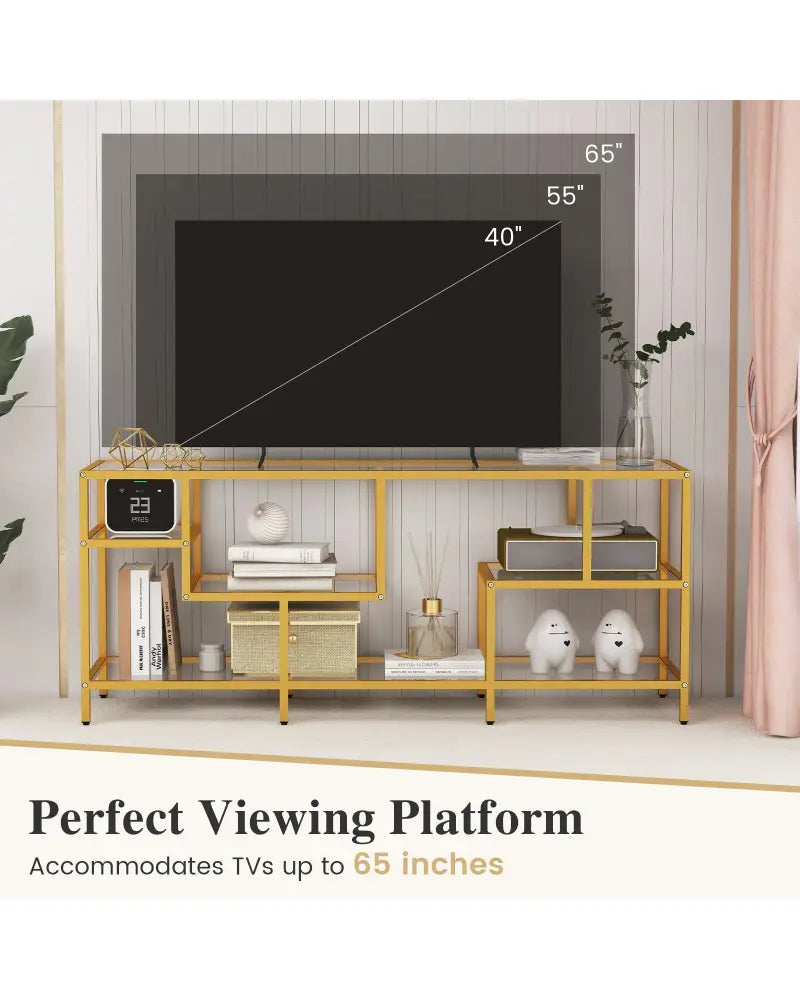 58 Inch TV Console Table with Tempered Glass Shelves for Living Room-Gold - Golden - Entertainment Centers & TV Stands