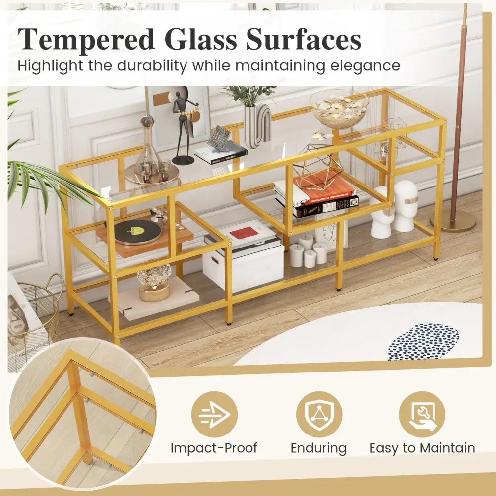 58 Inch TV Console Table with Tempered Glass Shelves for Living Room-Gold - Golden - Entertainment Centers & TV Stands