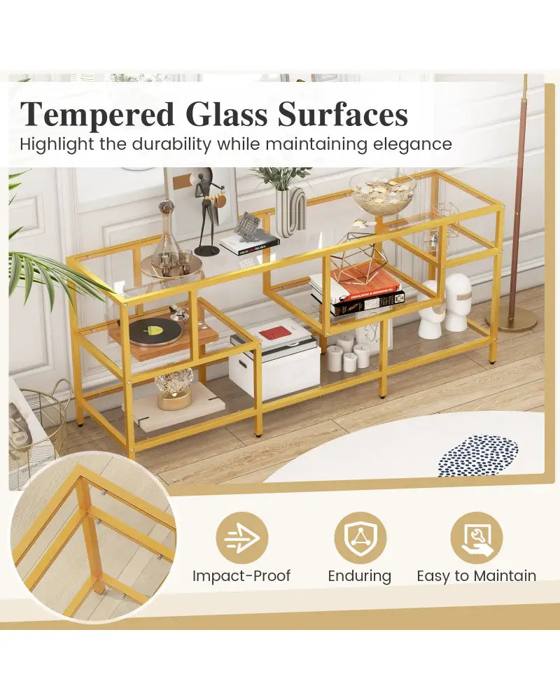 58 Inch TV Console Table with Tempered Glass Shelves for Living Room-Gold - Golden - Entertainment Centers & TV Stands