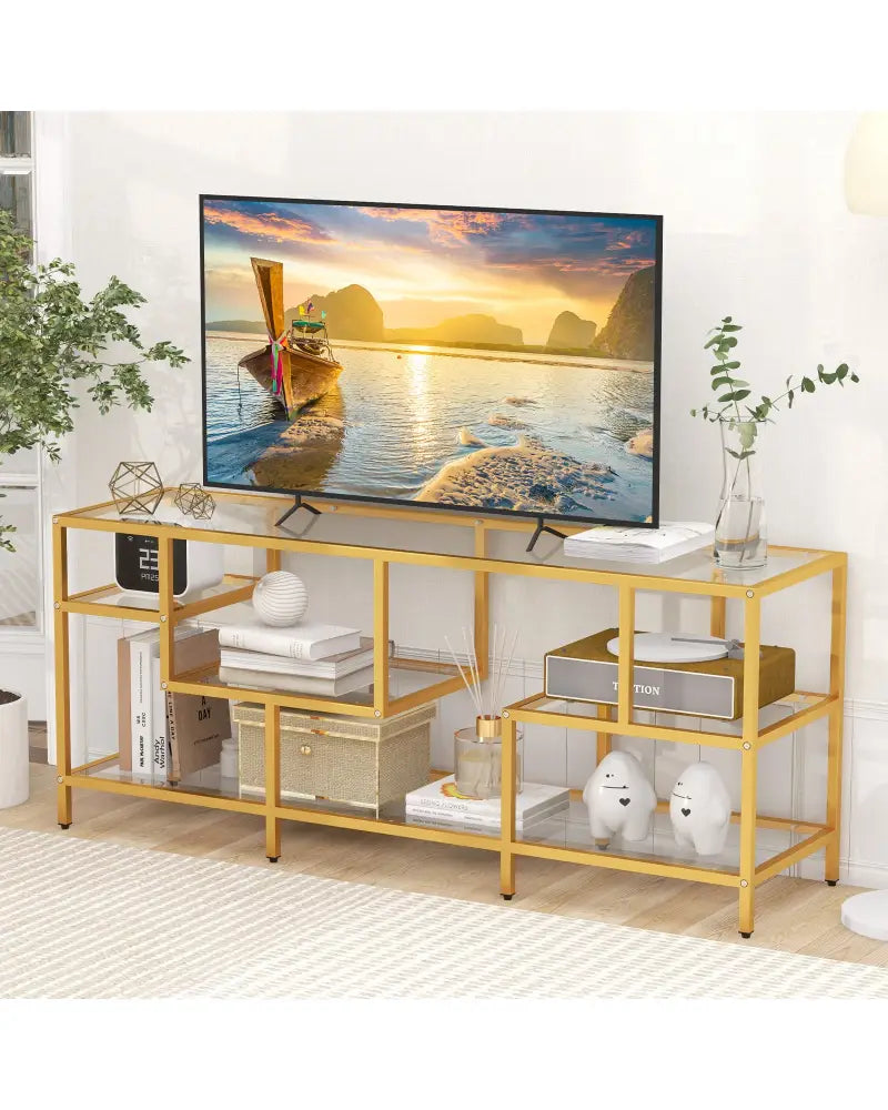 58 Inch TV Console Table with Tempered Glass Shelves for Living Room-Gold - Golden - Entertainment Centers & TV Stands