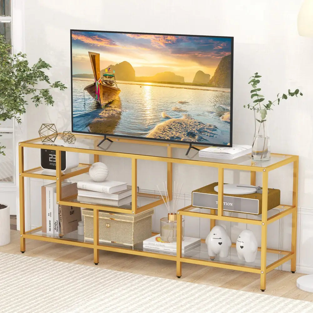 58 Inch TV Console Table with Tempered Glass Shelves for Living Room-Gold - Golden - Entertainment Centers & TV Stands