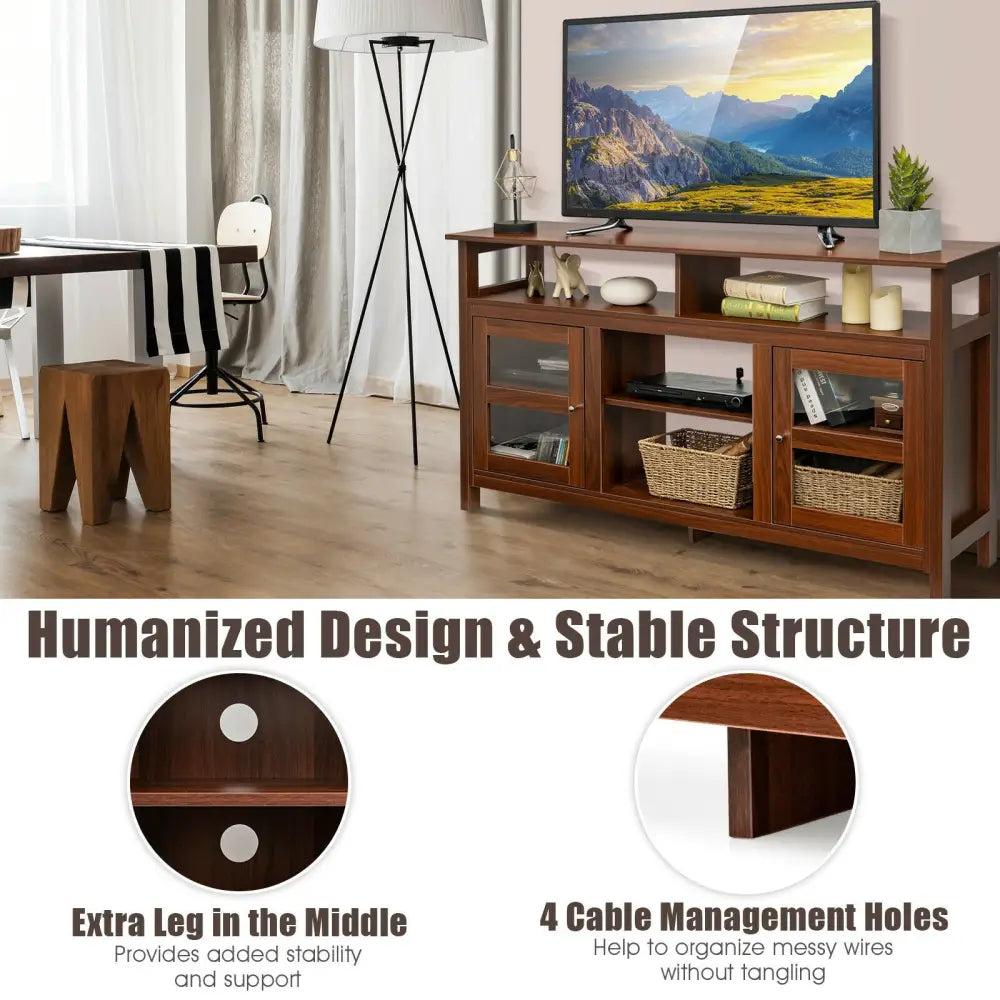 58 Inch TV Stand Entertainment Console Center with 2 Cabinets-Brown - Brown - Entertainment Centers & TV Stands