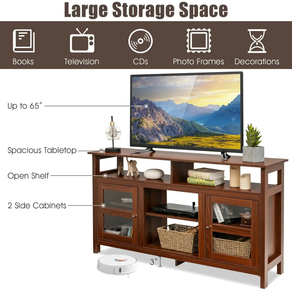58 Inch TV Stand Entertainment Console Center with 2 Cabinets-Brown - Brown - Entertainment Centers & TV Stands