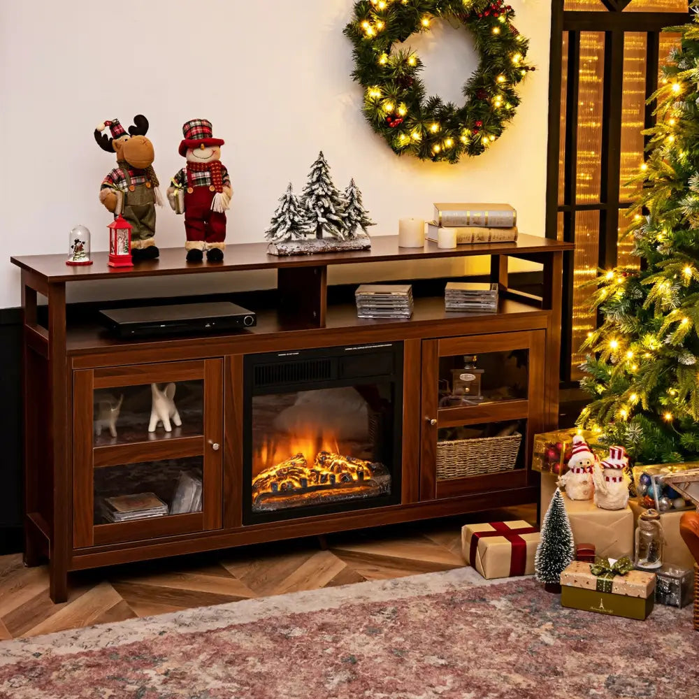 58 Inch TV Stand Entertainment Console Center with 2 Cabinets-Brown - Brown - Entertainment Centers & TV Stands