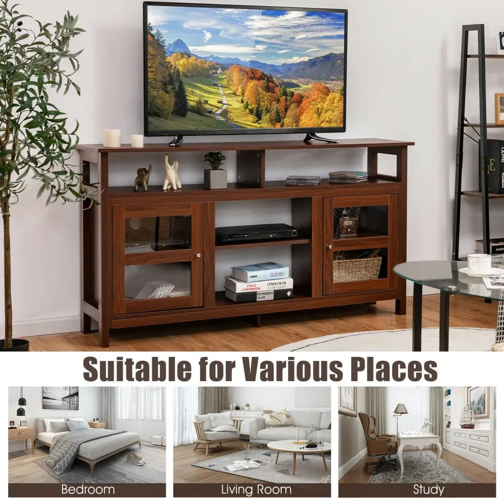 58 Inch TV Stand Entertainment Console Center with 2 Cabinets-Brown - Brown - Entertainment Centers & TV Stands