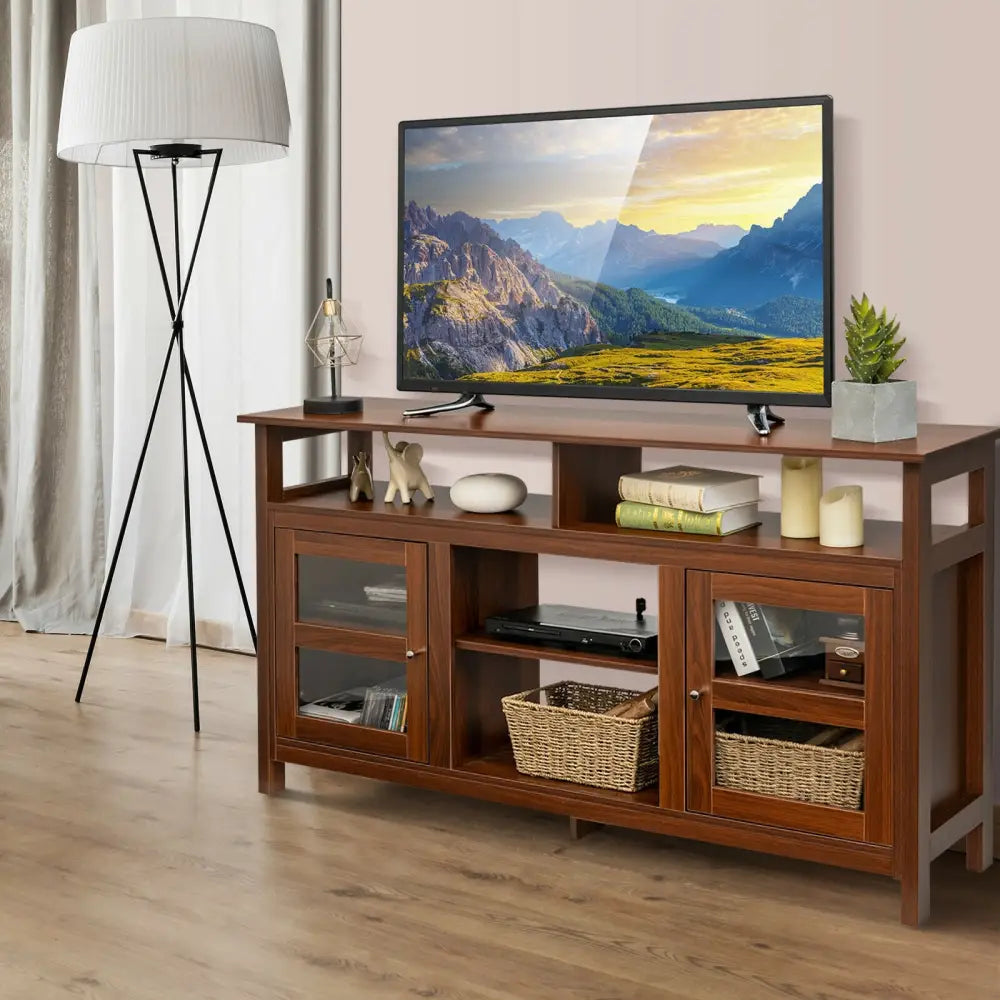 58 Inch TV Stand Entertainment Console Center with 2 Cabinets-Brown - Brown - Entertainment Centers & TV Stands
