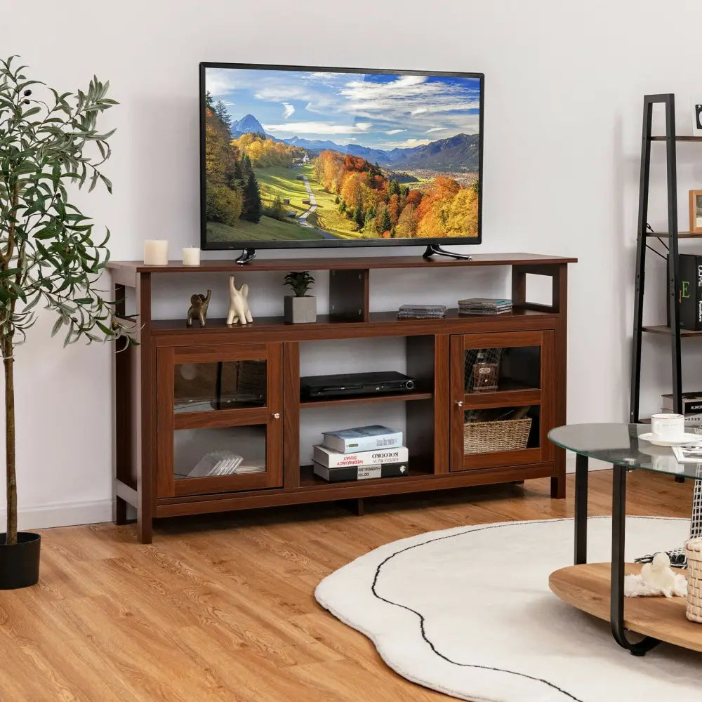 58 Inch TV Stand Entertainment Console Center with 2 Cabinets-Brown - Brown - Entertainment Centers & TV Stands