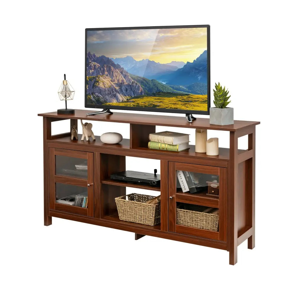 58 Inch TV Stand Entertainment Console Center with 2 Cabinets-Brown - Brown - Entertainment Centers & TV Stands